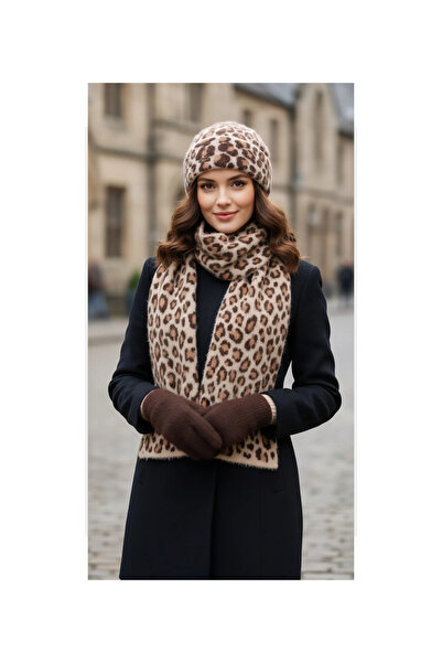 Leopar desenli atkı bere eldiven takım