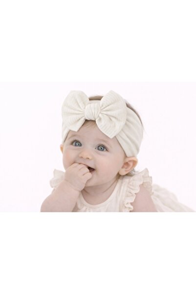 Superbaby Bentita alba lata cu funda striata aplicata