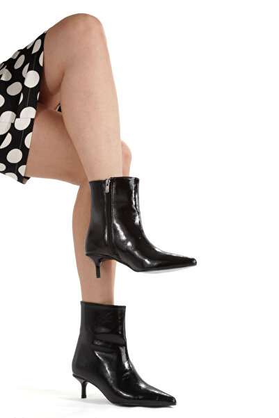 MİNNACE Μαύρα τσαλακωμένα δερμάτινα μποτάκια με φερμουάρ, μυτερή μύτη, λεπτό ...