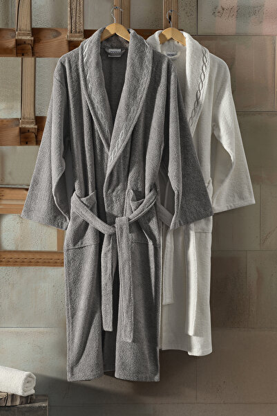 Doqu Home Helena Bornoz + Yüz Havlusu S/M-L/XL Ekru-Gri