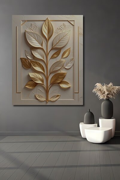 Teona Ahşap Altın Yaprak Desenli Modern Ahşap Ev,Antre,Salon,Ofis,Mutfak,Yatak Odası Tablo