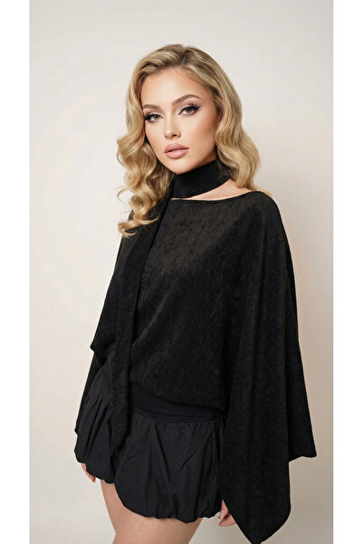 Matcha Butik Women's Chenille Velvet Flowy Bohemian Blouse with Scarf Detail - Black
