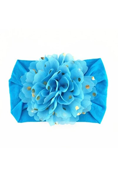 Superbaby Bentita albastra lata cu floare din tulle si buline aurii