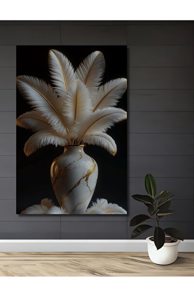 Teona Ahşap Altın Varaklı Beyaz Tüyler Vazo Yağlı Boya Görünümlü Dekoratif Ah...