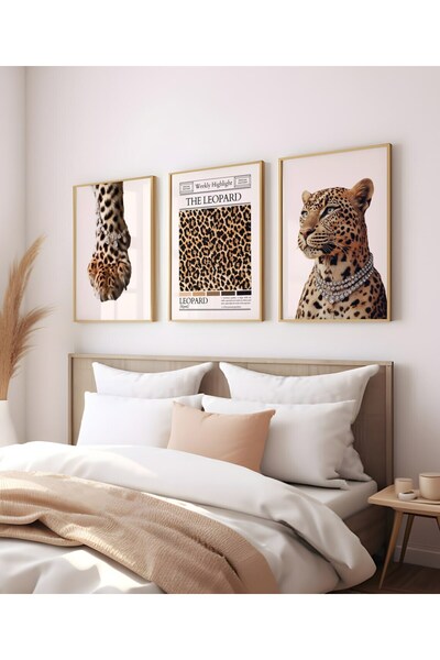 Esci Design 3-Piece Leopard Painting Set with Wooden Frame - Trend Painting - Tiktok Leopard Painting - Luxury Painting - Moderntablo