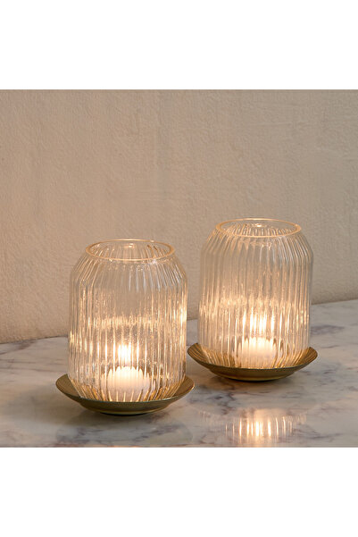 Home Box طقم حامل شموع كومود زين المزخرف من قطعتين مع قاعدة - 9×9×11 سم