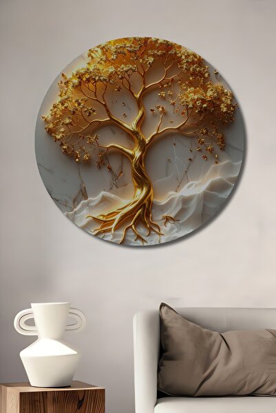 Teona Ahşap Altın Ağaç Yağlı Boya Görünümlü Dekoratif Ahşap Tablo Yuvarlak Du...