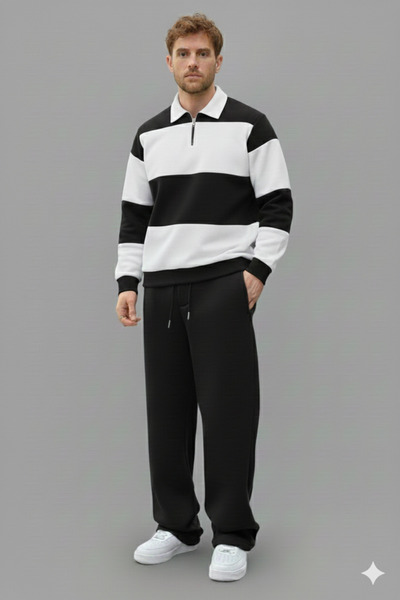 NİCE Polo Neck Oversized Baggy Tracksuit Set-Winter Thick 3-Thread Fleece-Lined Wide Leg Polo Neck-Top and Bottom Set