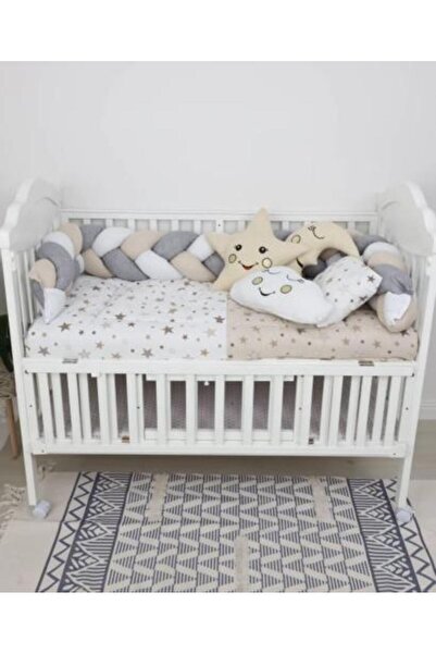 Anas Toys طقم سرير أطفال مكون من 7 قطع مع حواجز للسرير - صناعة تركية (مطرز بيج)