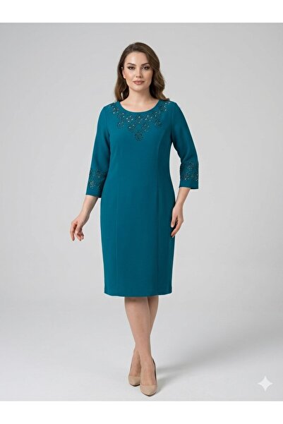 zahı collection Petrol Yeşili Yaka ve Kol Ucu Lazer Kesim Nakışlı Abiye Elbise