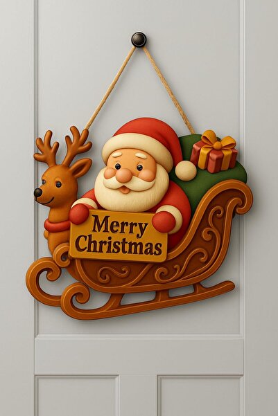 OKAVANGO 2Noel Babalı Kızaklı Hediye Paketli Yılbaşı Geyikli Kapı Süsü (30-18...