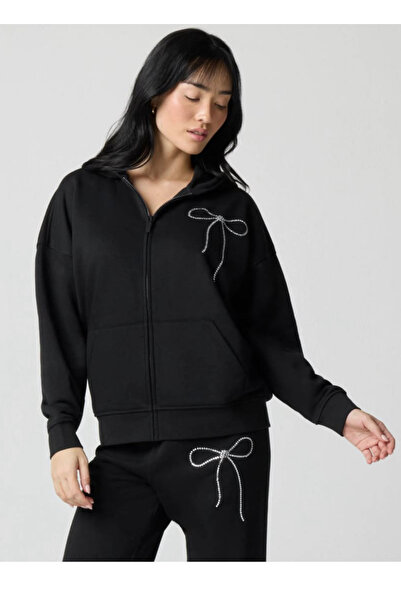 Toum Set negru din două piese, cardigan cu glugă cu detaliu de fundătură în f...