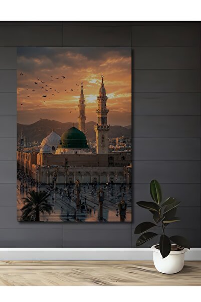 Teona Ahşap Mekke Medine Yeşil Kubbe Camii Yağlı Boya Görünümlü Ahşap Ev,Antr...