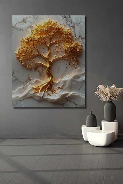 Teona Ahşap Altın Ağaç Yağlı Boya Görünümlü Dekoratif Ahşap Ev,Antre,Salon,Of...