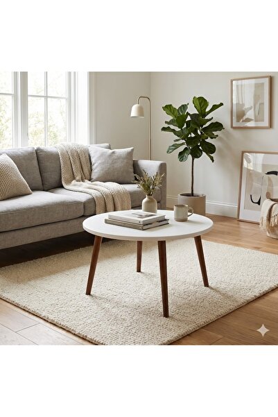 ahşen decor Masif Ahşap Ayaklı Yuvarlak Orta Sehpa–İskandinav Modern Tasarım,...