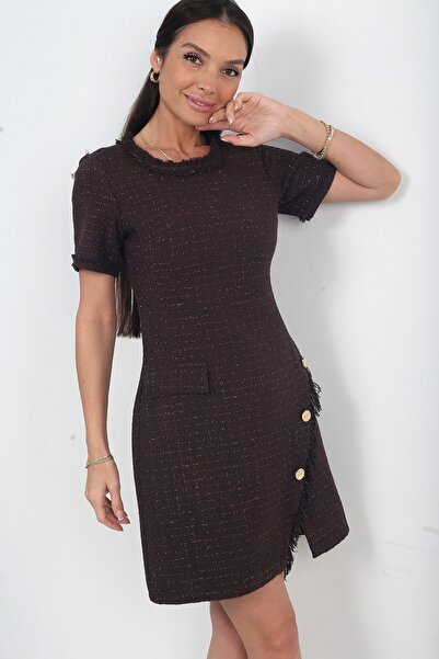 By Saygı Women's Button Detailed Short Sleeve Tassel Detailed Chanel Short Dress