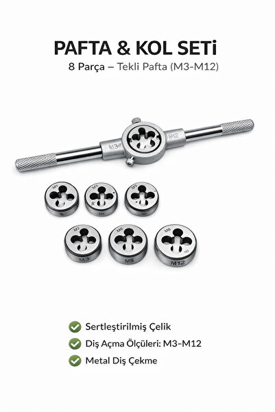 SENBANG Pafta ve Kolu Seti 8 Parça (M3–M12) – Tekli Pafta Takımı Metal Diş Aç...
