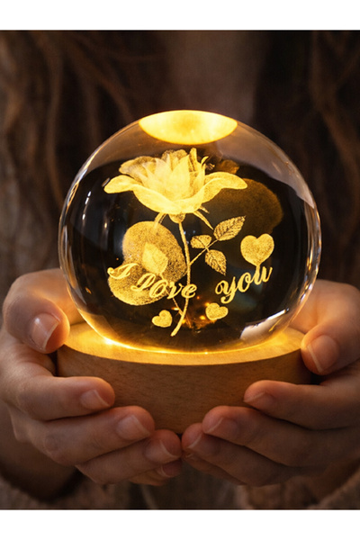 moryconcept I Love You Gül 3D Kristal Cam Küre Gece Lambası | Ahşap Tabanlı U...