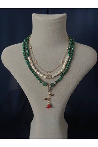 Butik Yeşil Doğal Taş ve İnci Sıralı Kolye