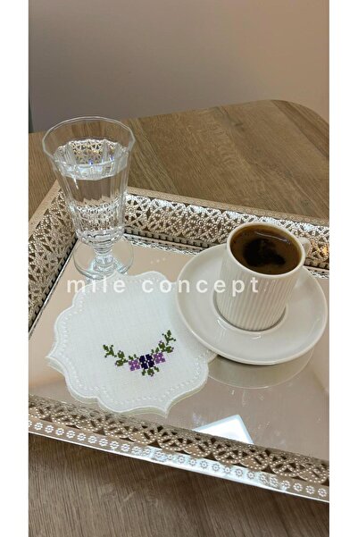 MİLE CONCEPT Çiçek Desen Etamin İşlemeli Keten Kumaş Kahve Yanı Kokteyl Sunum...