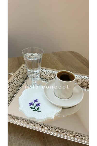 MİLE CONCEPT Etamin İşlemeli Keten Kumaş Kahve Yanı Kokteyl Sunum Peçetesi/ B...