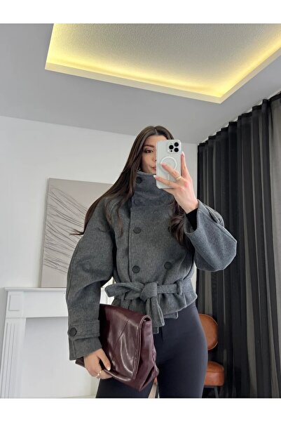 Lovely butik Double-Breasted Stand-Up Collar Short Coat with Belt