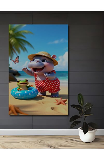 Teona Ahşap Tablou decorativ din lemn cu hipopotami și broaște adorabile, cu ...