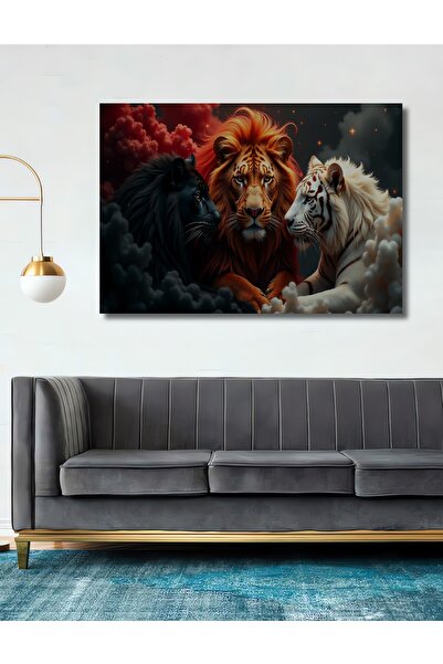 Teona Ahşap Ξύλινο διακοσμητικό τραπέζι με ελαιογραφία σε στυλ Lion, Tiger an...