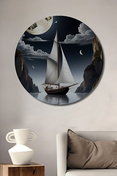 Teona Ahşap Barcă cu pânze, peisaj cu lumina lunii, pictură în ulei, tablou d...