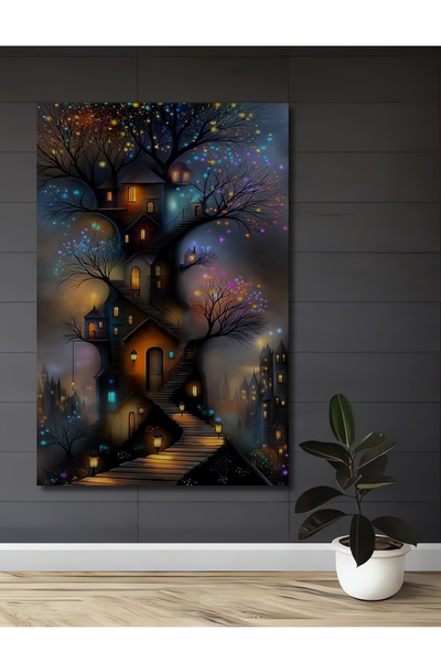 Teona Ahşap Διακοσμητικό Ξύλινο Τραπέζι με Ελαιογραφία Τοπίου με Μαγικά Δεντρ...