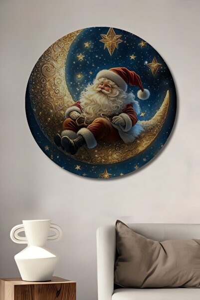 Teona Ahşap Moș Crăciun dormind pe Lună, pictură în ulei, tablou decorativ di...