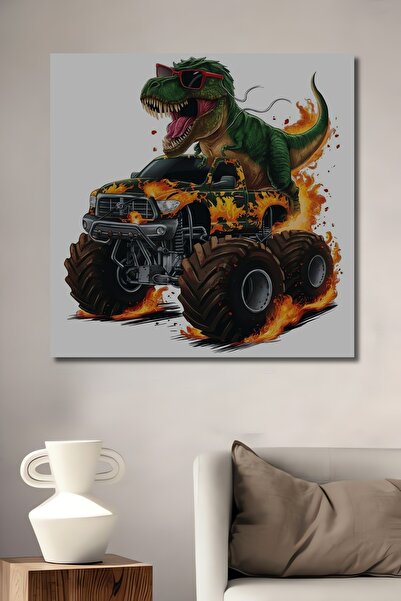 Teona Ahşap Dinozaur Monster Truck Tablou decorativ din lemn cu aspect de pic...