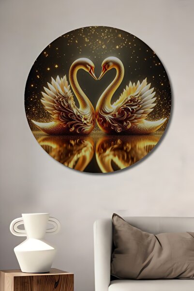 Teona Ahşap Pictură murală rotundă din lemn cu detalii aurii, cu tematică Leb...