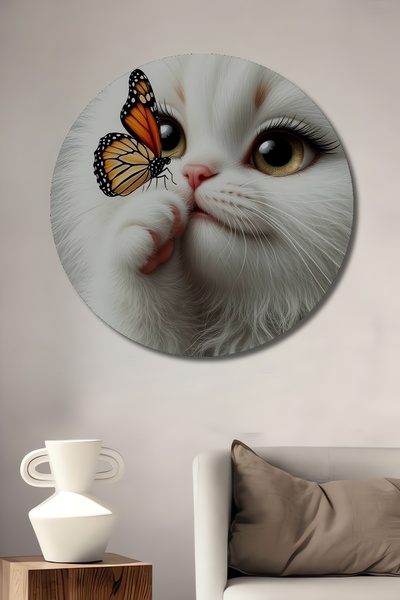 Teona Ahşap Γοητευτική ελαιογραφία με λευκή γάτα και πεταλούδα, διακοσμητικός...