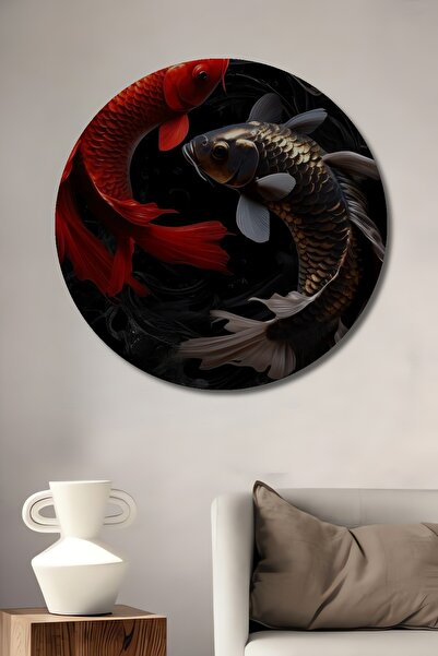 Teona Ahşap Pictură decorativă rotundă de perete cu pești Koi roșii și aurii,...