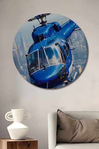 Teona Ahşap Pictură în ulei cu vedere la oraș cu elicoptere albastre, artă mo...