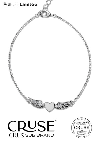 Cruse 925 Ayar Gümüş Kalp Detaylı Kanat Bileklik 18 Ayar Beyaz Altın Kaplama