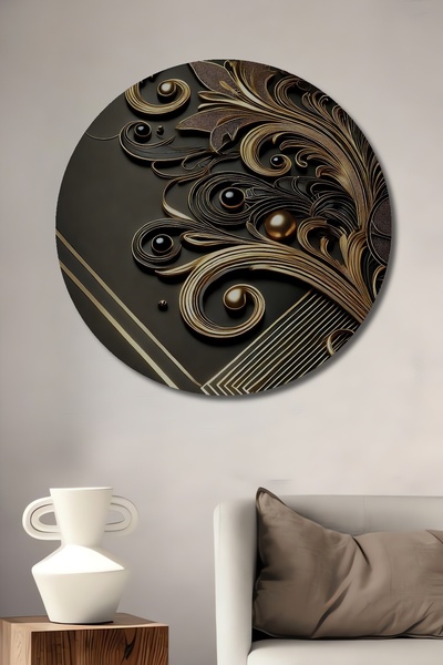 Teona Ahşap Pictură decorativă rotundă de perete din lemn, stil baroc, aurită...