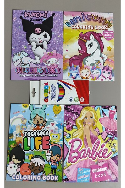 ada çanta kırtasiye 4 adet stickerli boyama kitabı ve 12'li kuru boya kalemi ...