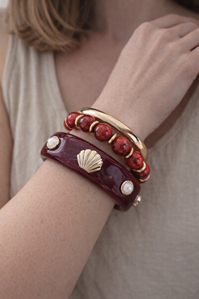 Lovecharm Bordo Kehribar Görünümlü Deniz Kabuğu Figürlü Gold Detaylı Üçlü Kad...