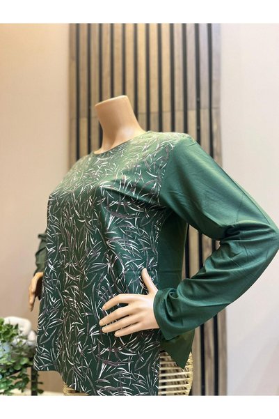 AKMAVİ Women's Middle-Aged and Older Printed Patterned Glittery Slit Mother Combed Cotton Blouse