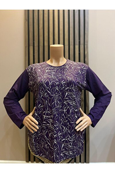 AKMAVİ Kadın Orta Yaş Ve Üzeri Baskı Desenli Simli Yırtmaçlı Anne Penye Bluz