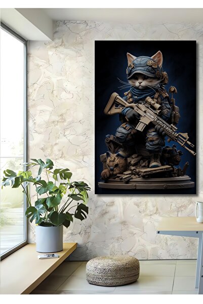 Teona Ahşap Tablou decorativ din lemn cu aspect de pictură în ulei Soldat pisică