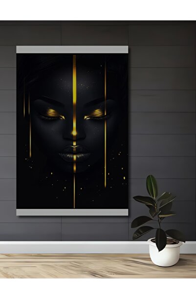 Teona Ahşap Portret de femeie neagră cu strălucire aurie, pictură în ulei, as...