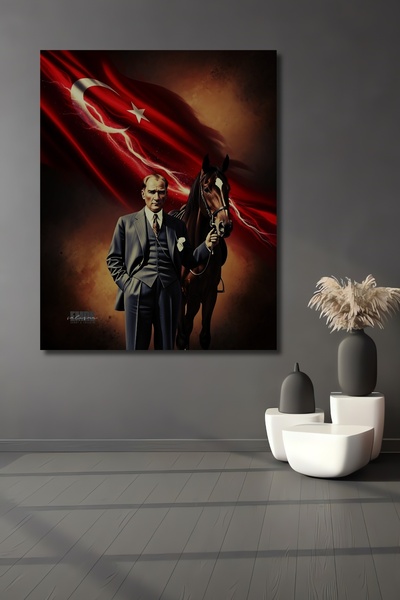 Teona Ahşap Διακοσμητικό ξύλινο τραπέζι με ελαιογραφία με το άλογο του Μουστα...