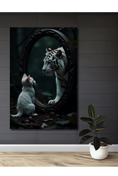 Teona Ahşap Λευκός Τίγρης, Γάτα στον Καθρέφτη, Μεταμόρφωση, Ξύλινο Διακοσμητι...