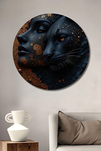 Teona Ahşap Pictură decorativă rotundă de perete cu Pantera Neagră și artă ab...