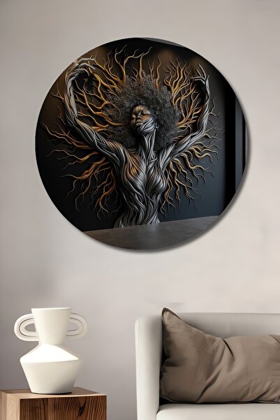 Teona Ahşap Tablou decorativ rotund pentru perete, cu aspect de metal 3D, cu ...