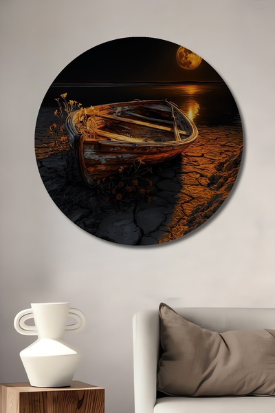 Teona Ahşap Pictură de artă cu barcă și lună plină, cu aspect de vopsea în ul...