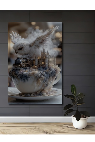 Teona Ahşap Trenul Castelului Magic și Bufnița Albă - Tablou Decorativ din Lemn